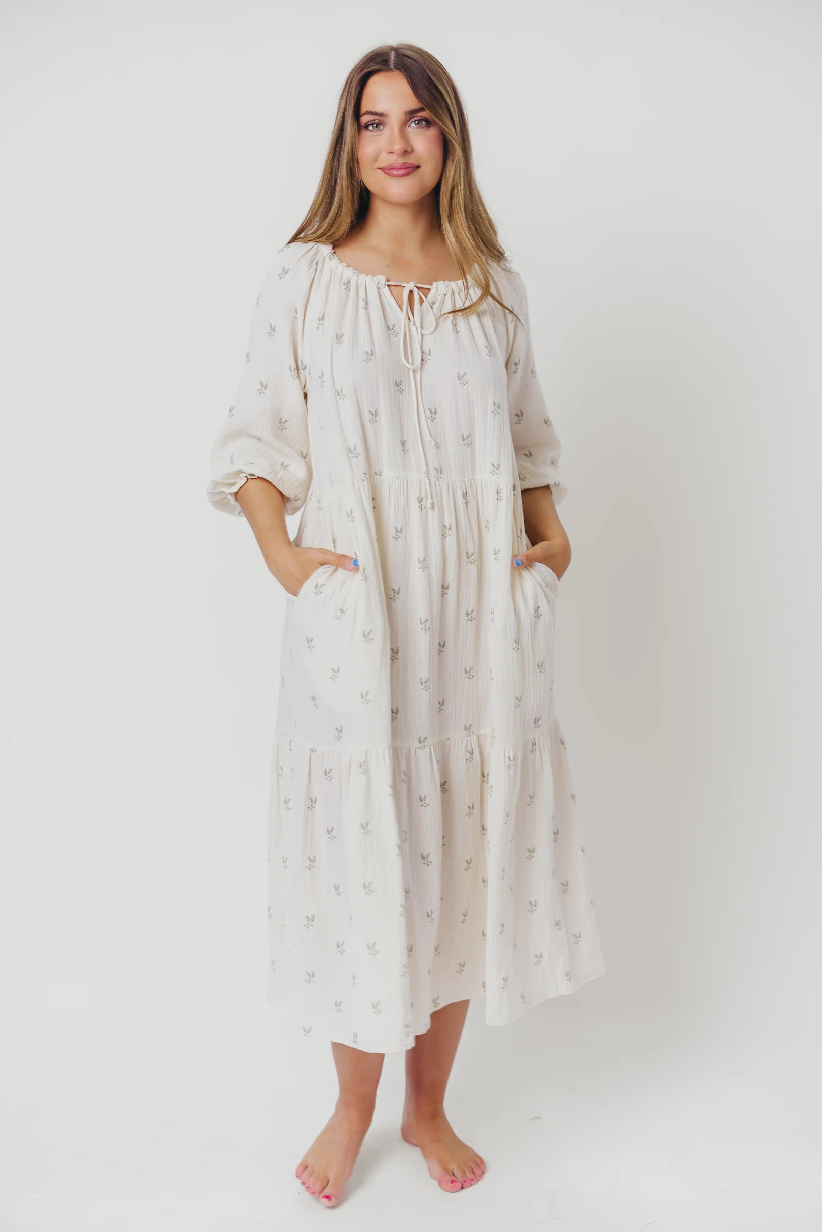 Avery Tiered Linen-Blend Midi Dress in Soy/Sage Foliage - Bump Friendly and Inclusive Sizing - Iieemm
