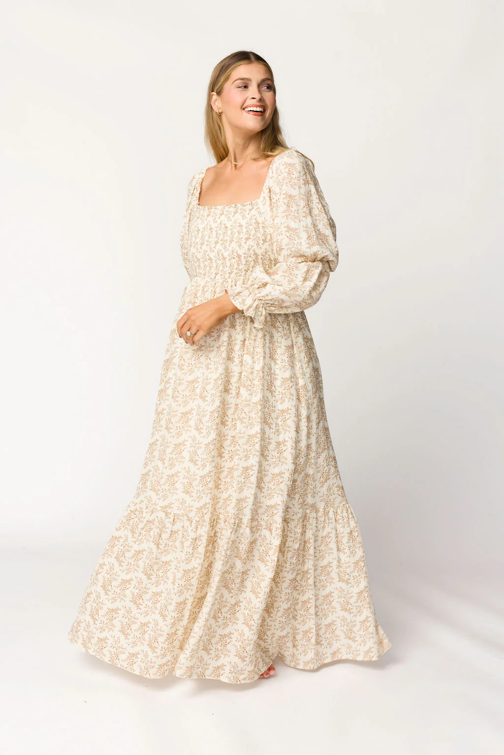 Emerson Gauze Maxi Dress in Natural/Tan Floral - Bump Friendly - Iieemm