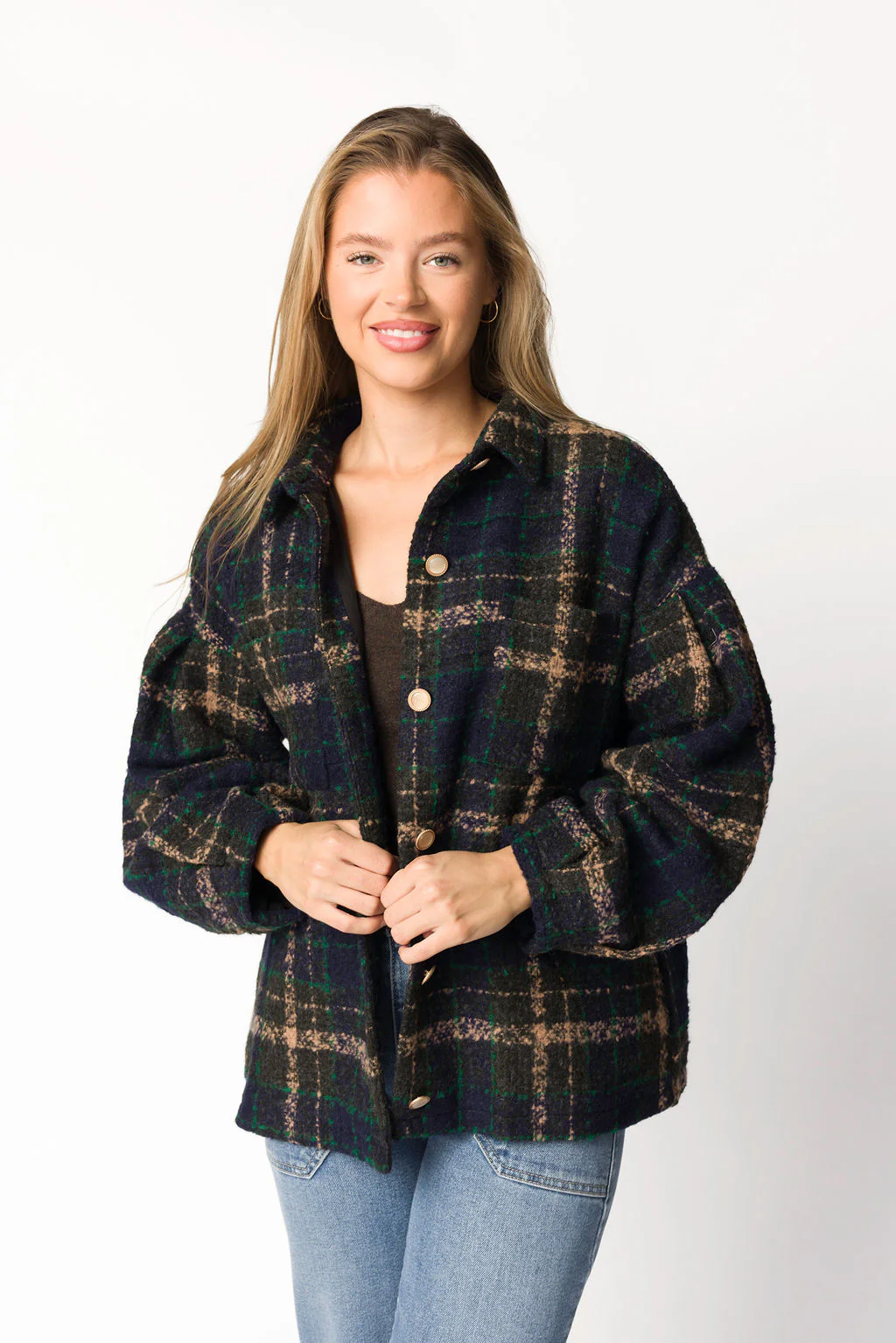 Lucille Boucle Plaid Puff Sleeve Jacket in Navy/Taupe - Iieemm