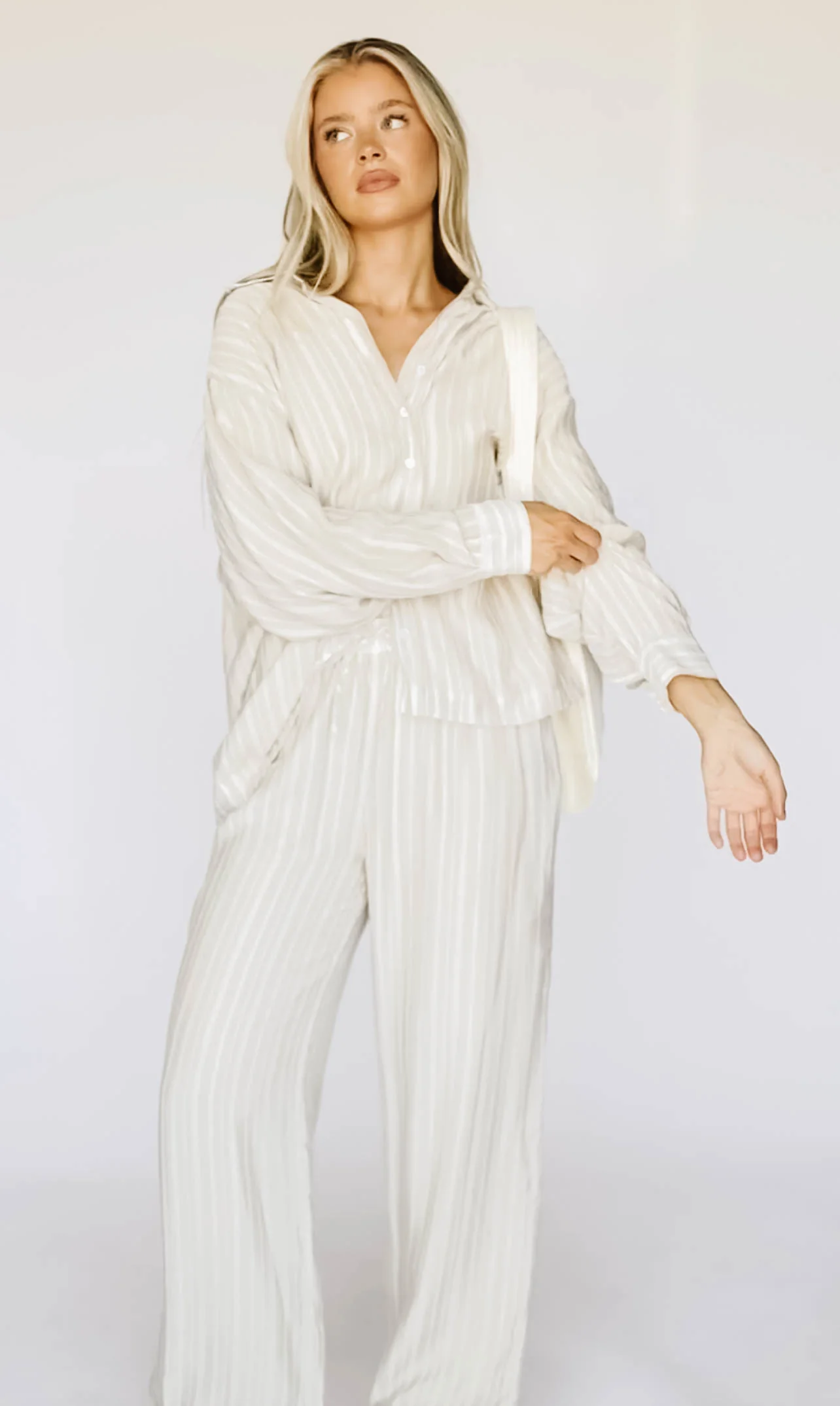 Sloane Striped Button-Down Shirt and Pants Set in Natural - Nursing Friendly - Iieemm