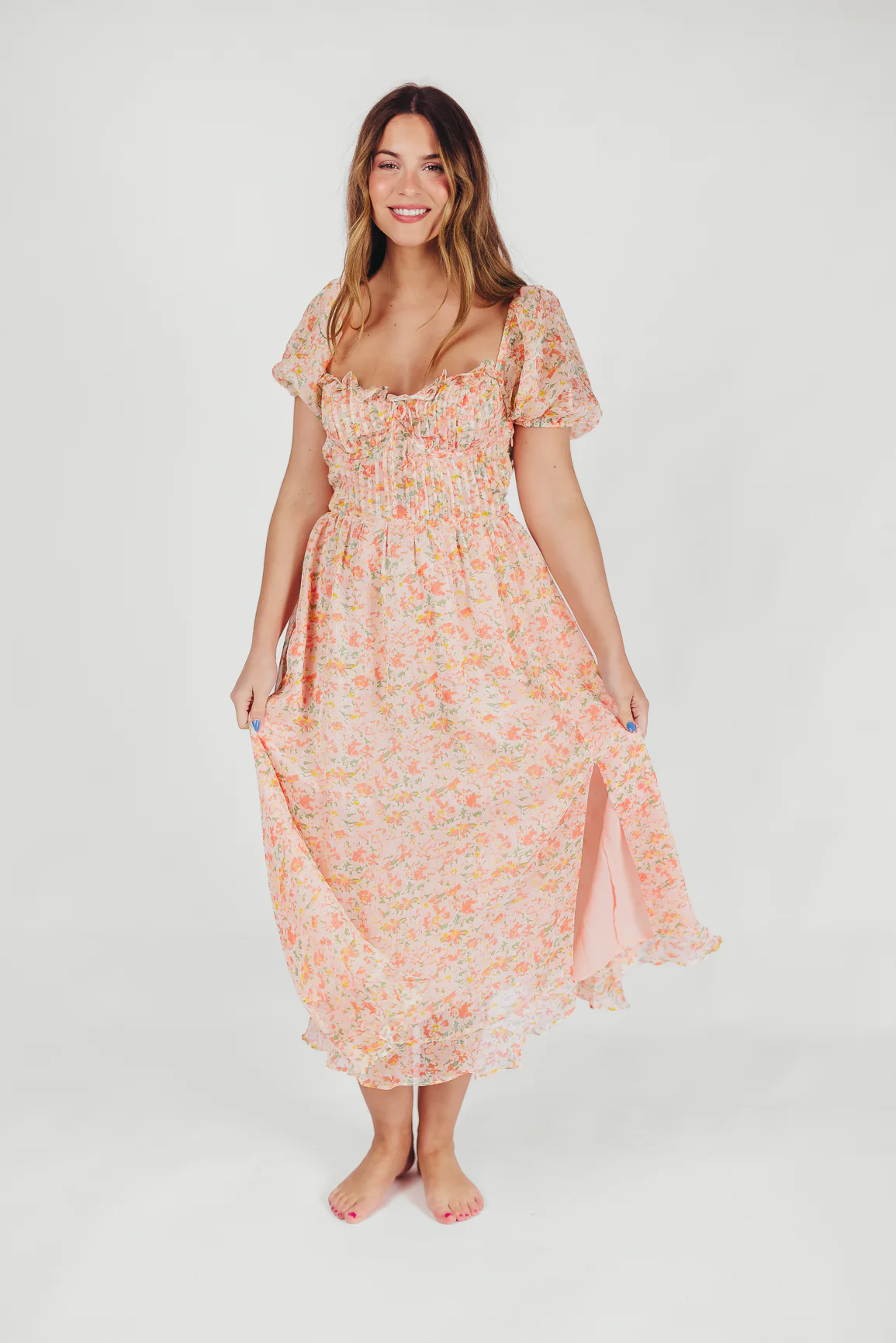 Lunaria Pleated Bustier Midi Dress in Orange Floral - Iieemm