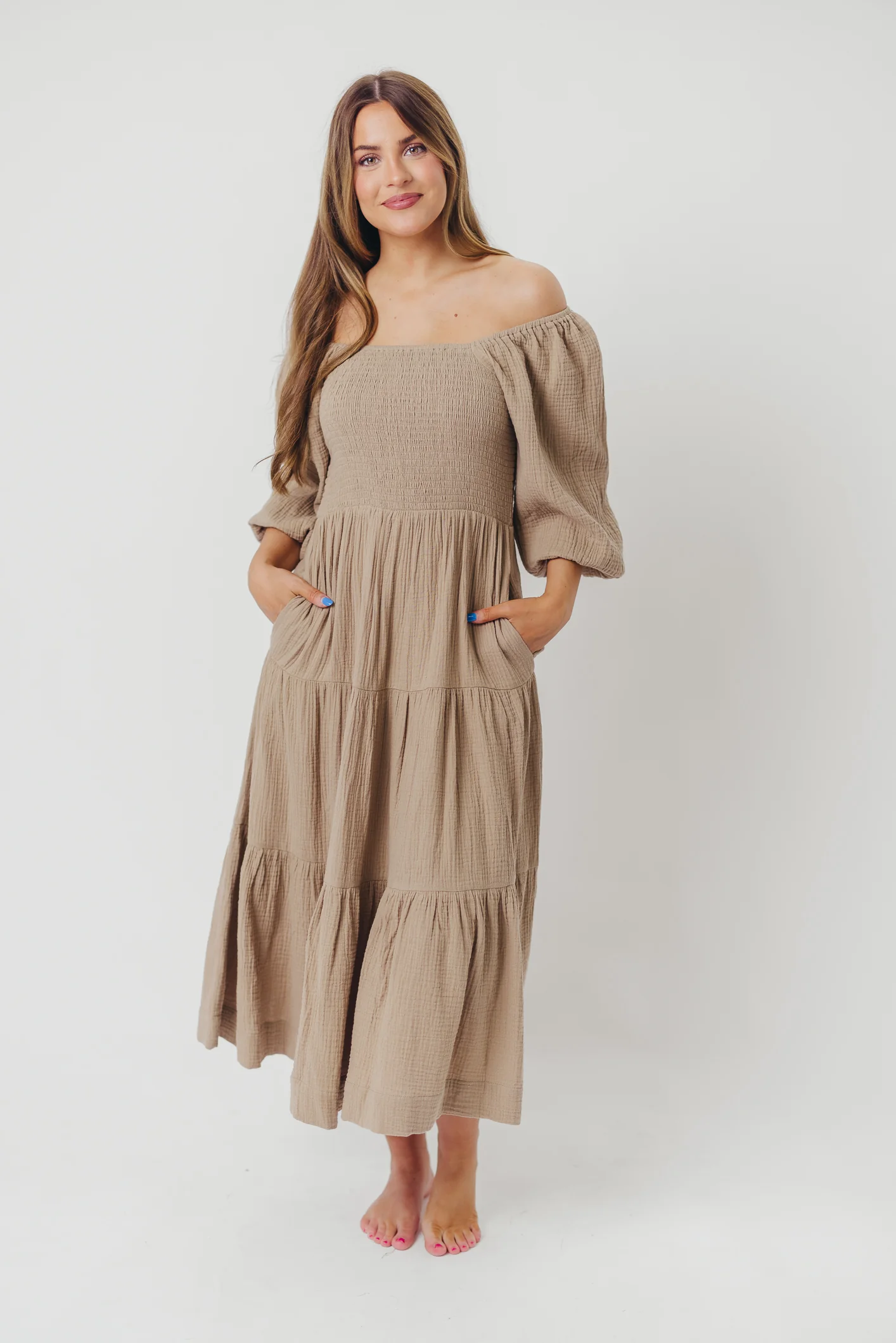 Taylor Cotton Smocked Midi Dress with Tiered Skirt in Pumice - Inclusive Sizing - Iieemm