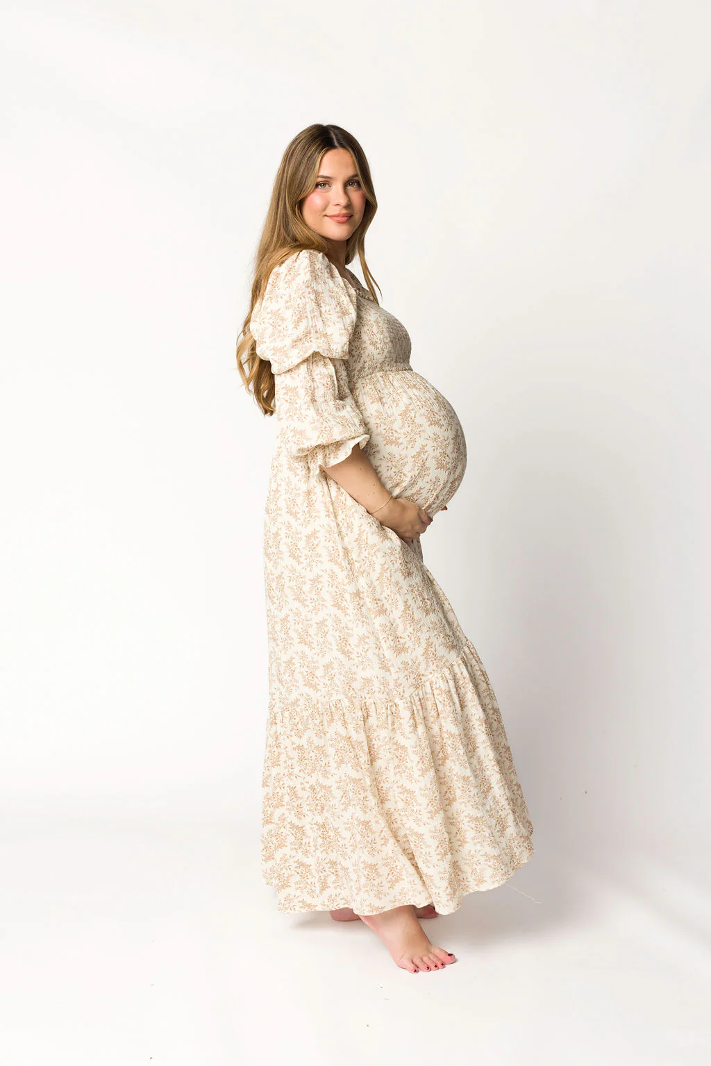 Emerson Gauze Maxi Dress in Natural/Tan Floral - Bump Friendly - Iieemm