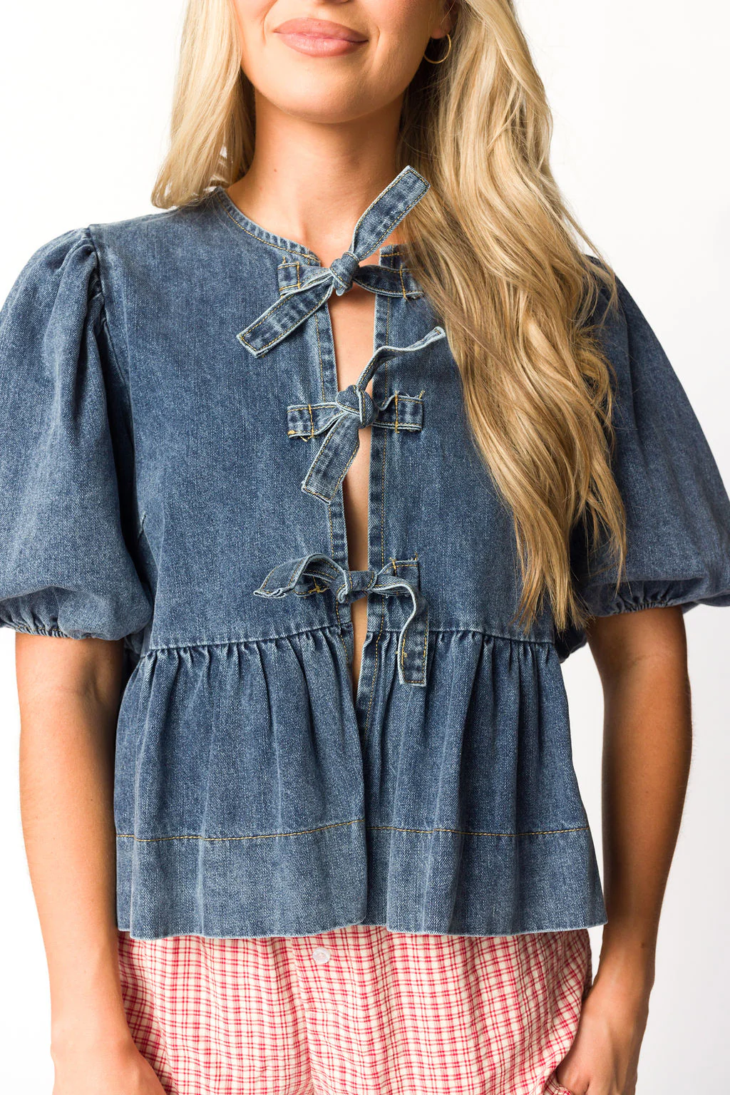 Norah Tied Top in Medium Wash Denim - Iieemm