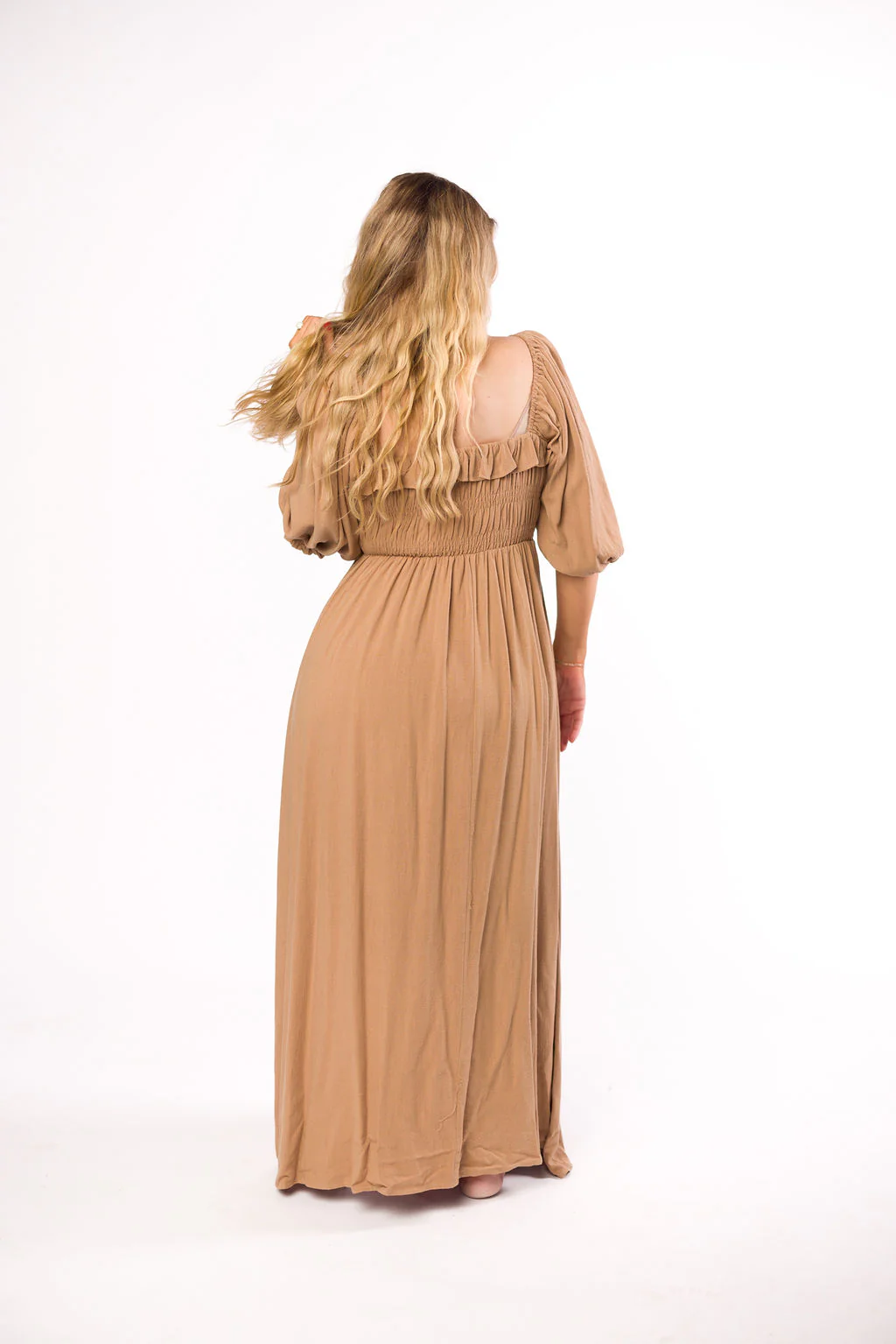 Devon Smocked Maxi Dress in Taupe - Bump Friendly - Iieemm