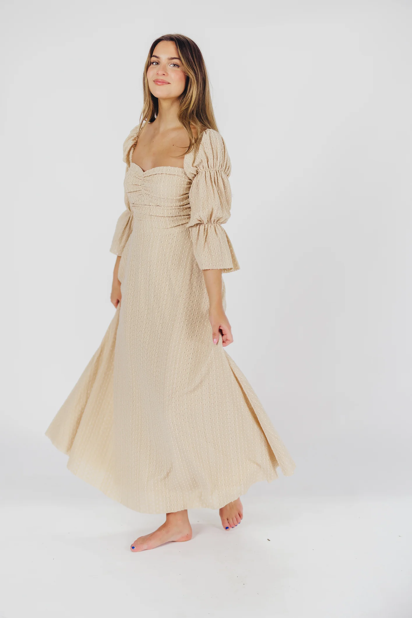 Corrine Tiered Sleeve Maxi Dress with Pockets in Beige - Bump Friendly - Iieemm