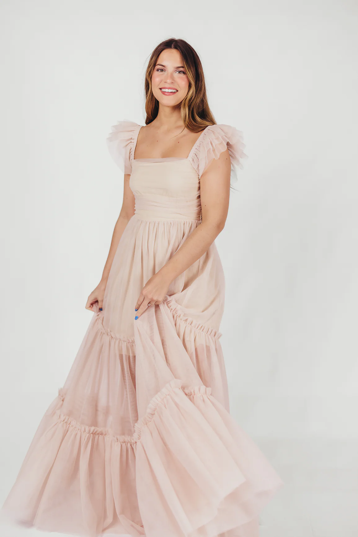 Bella Tiered Tulle Maxi Dress in Peachy Nude - Bump Friendly & Inclusive Sizing (S-3XL) - Iieemm