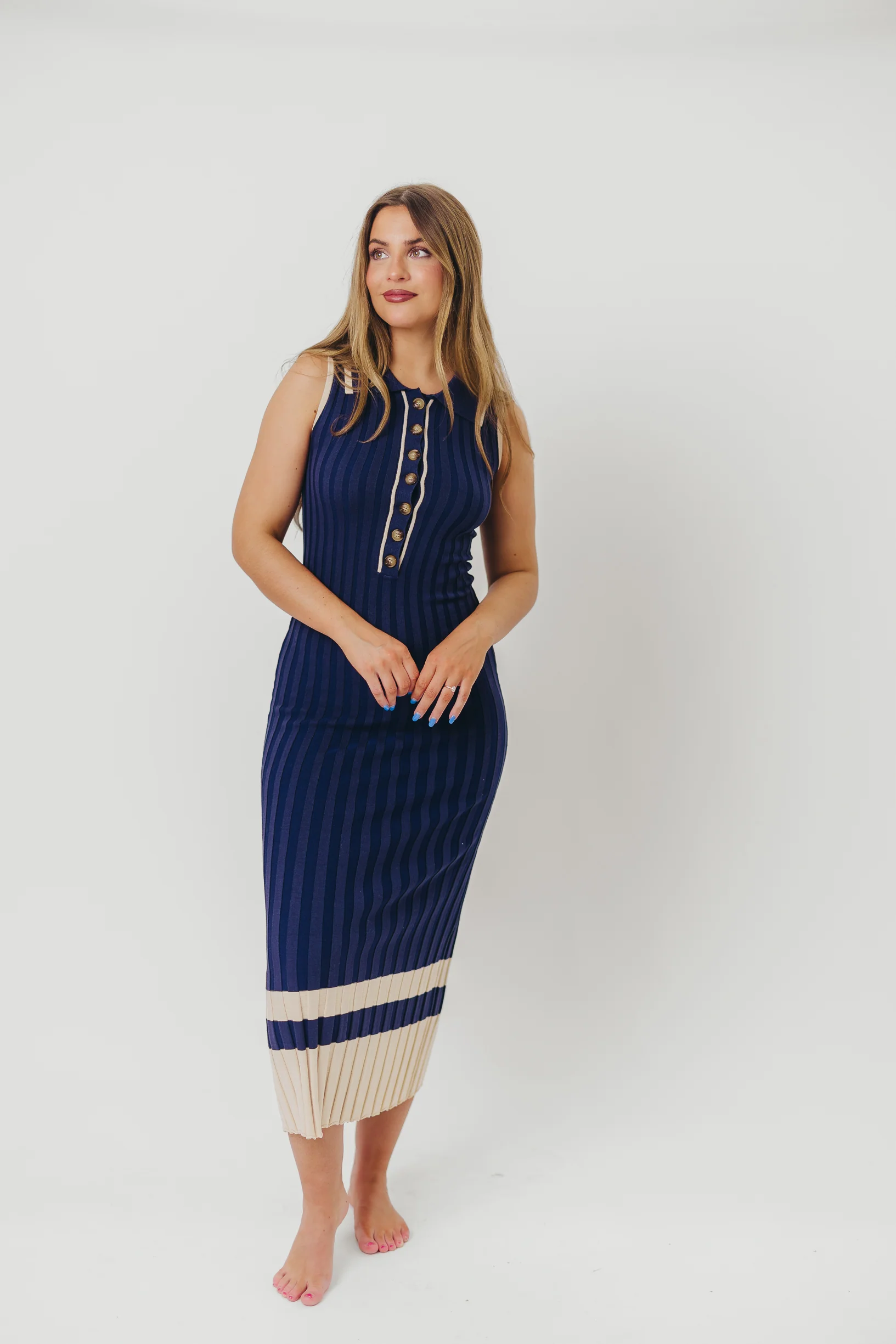Jovie Sleeveless Ribbed Maxi Dress with Buttons in Navy - Iieemm