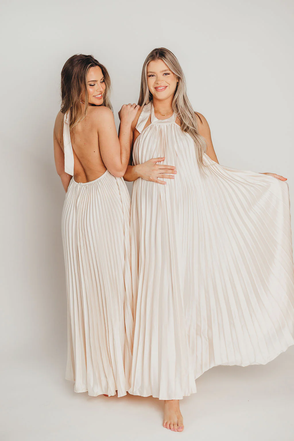 Maren Pleated Halter Maxi Dress in Cream - Bump Friendly - Iieemm