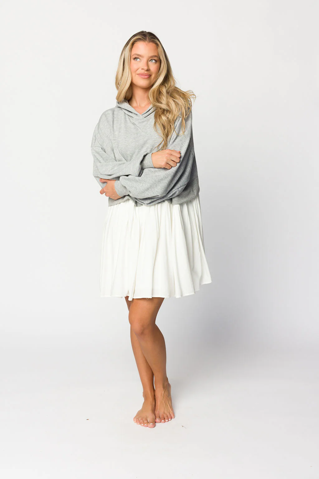 Caroline Hoodie/Babydoll Mini Dress in Heather Grey/Off-White - Iieemm