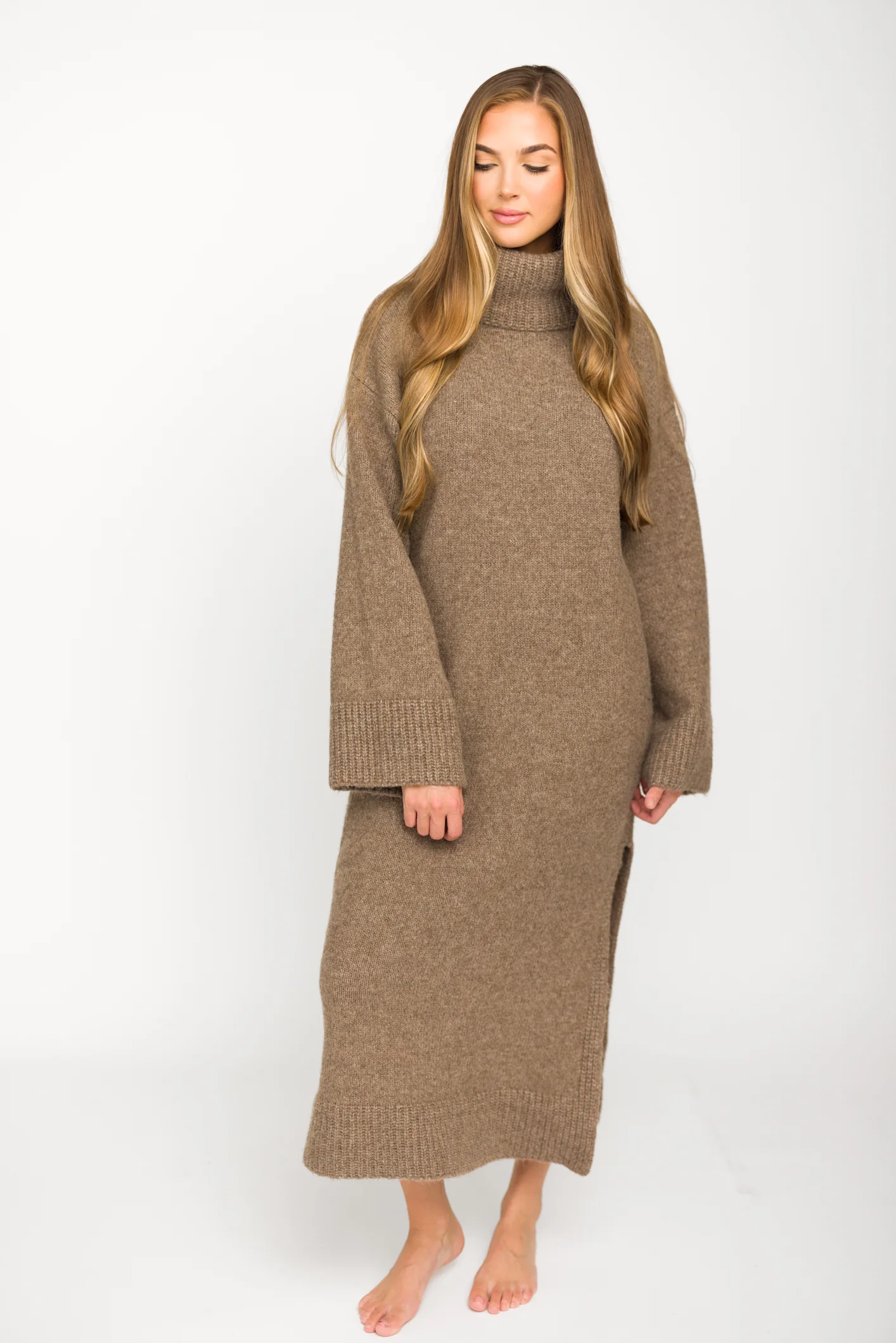 Melissa Cowl-Neck Sweater Midi Dress in Light Mocha - Iieemm