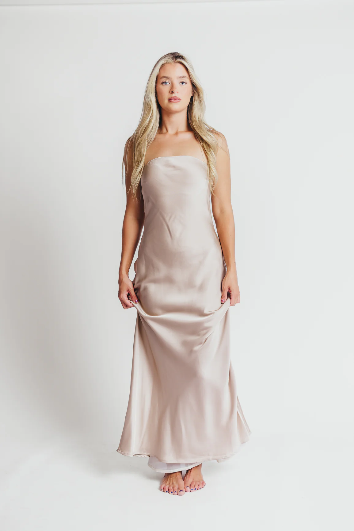 Going Out Strapless Bias Cut Maxi Dress in Champagne - Iieemm