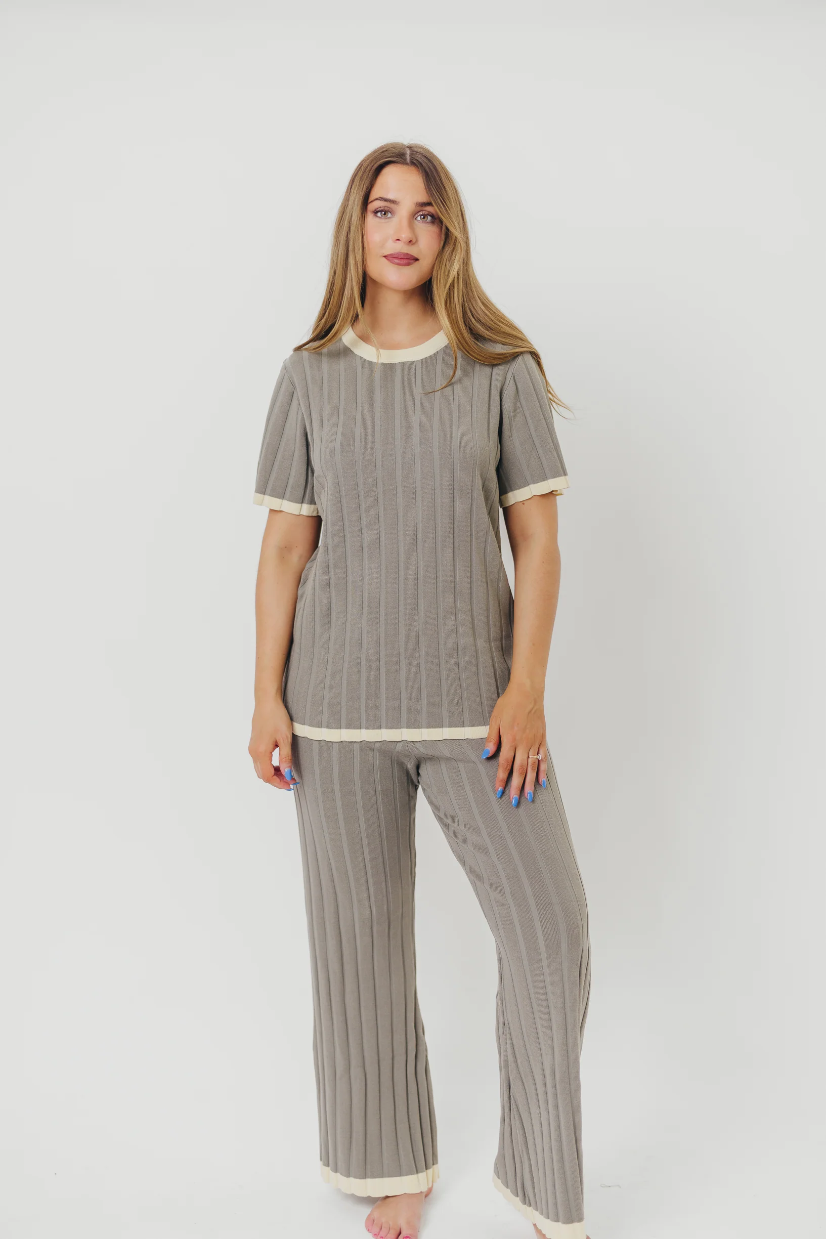Adele Ribbed Knit Top and Pants Set in Dusty Olive - Iieemm