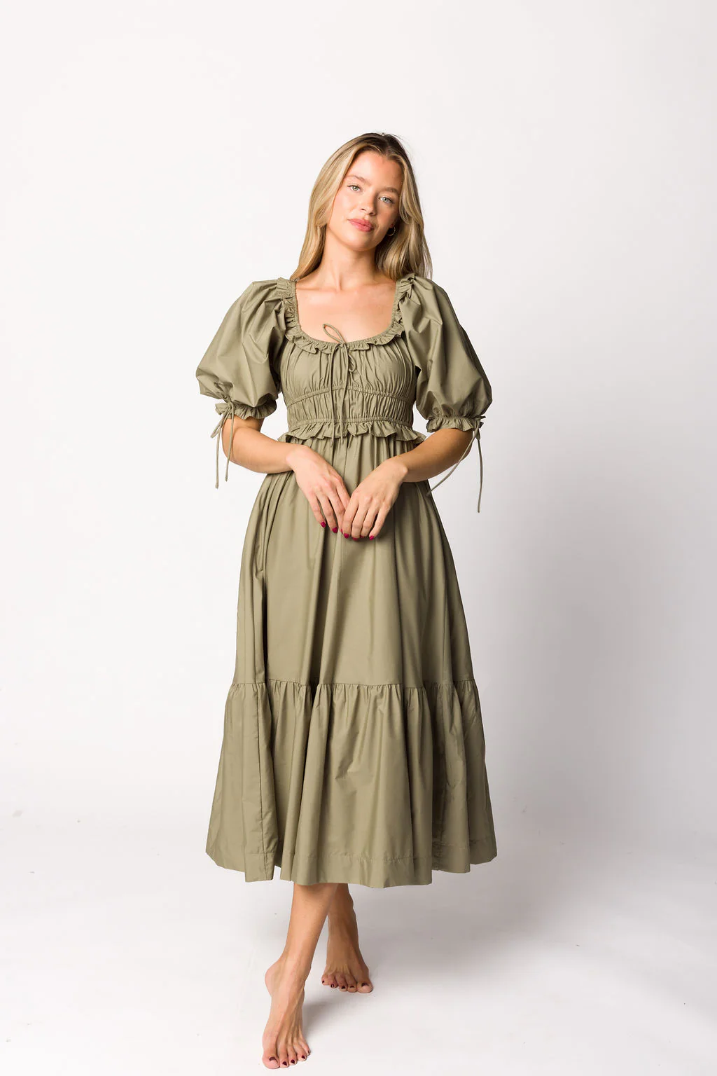 Crissy Ruched Midi Dress in Dusty Olive - Bump Friendly - Iieemm