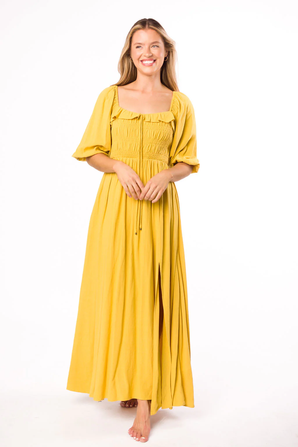 Devon Smocked Maxi Dress in Mustard - Bump Friendly - Iieemm