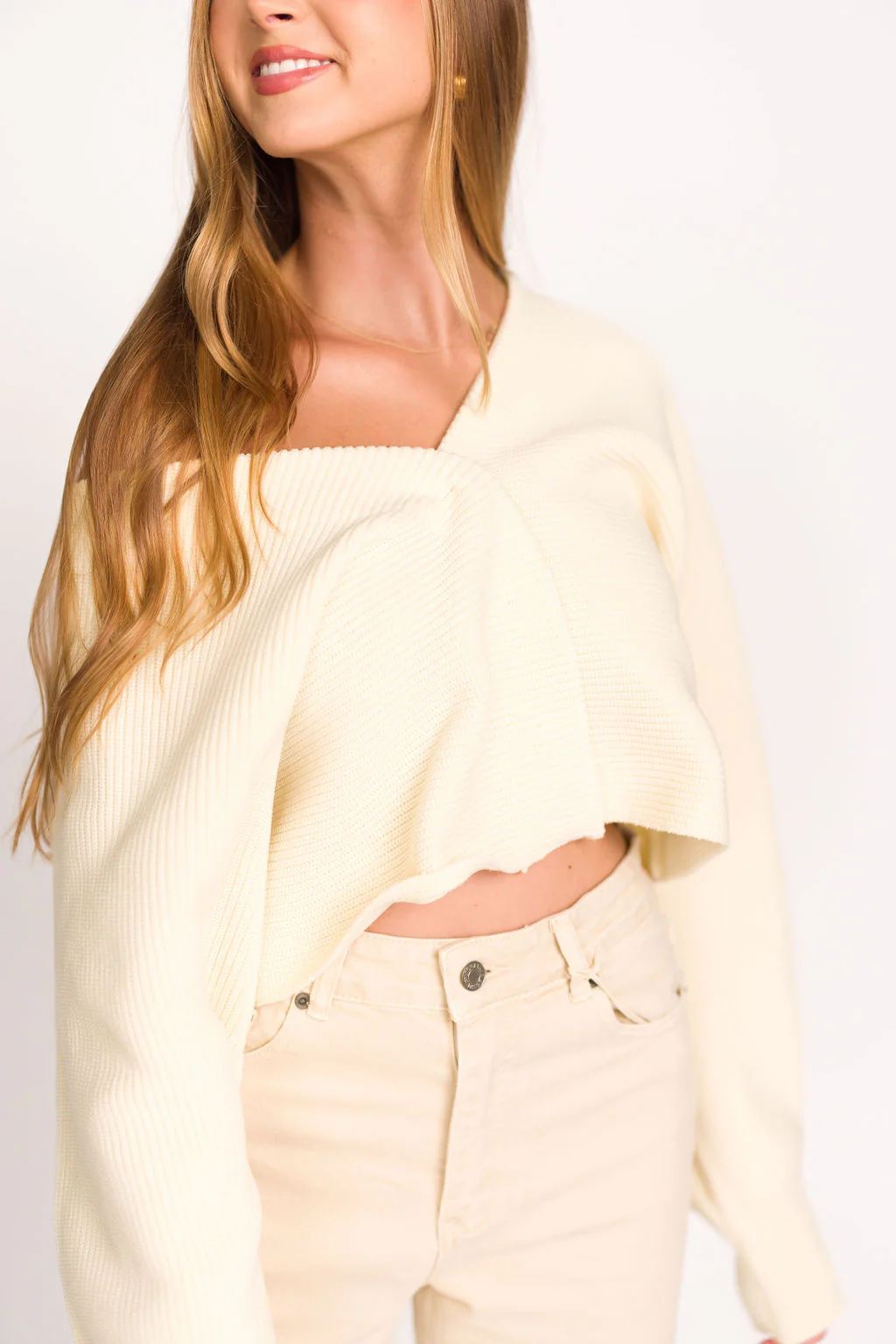 Mira V-Neck Ribbed Knit Cardigan in Ivory - Iieemm