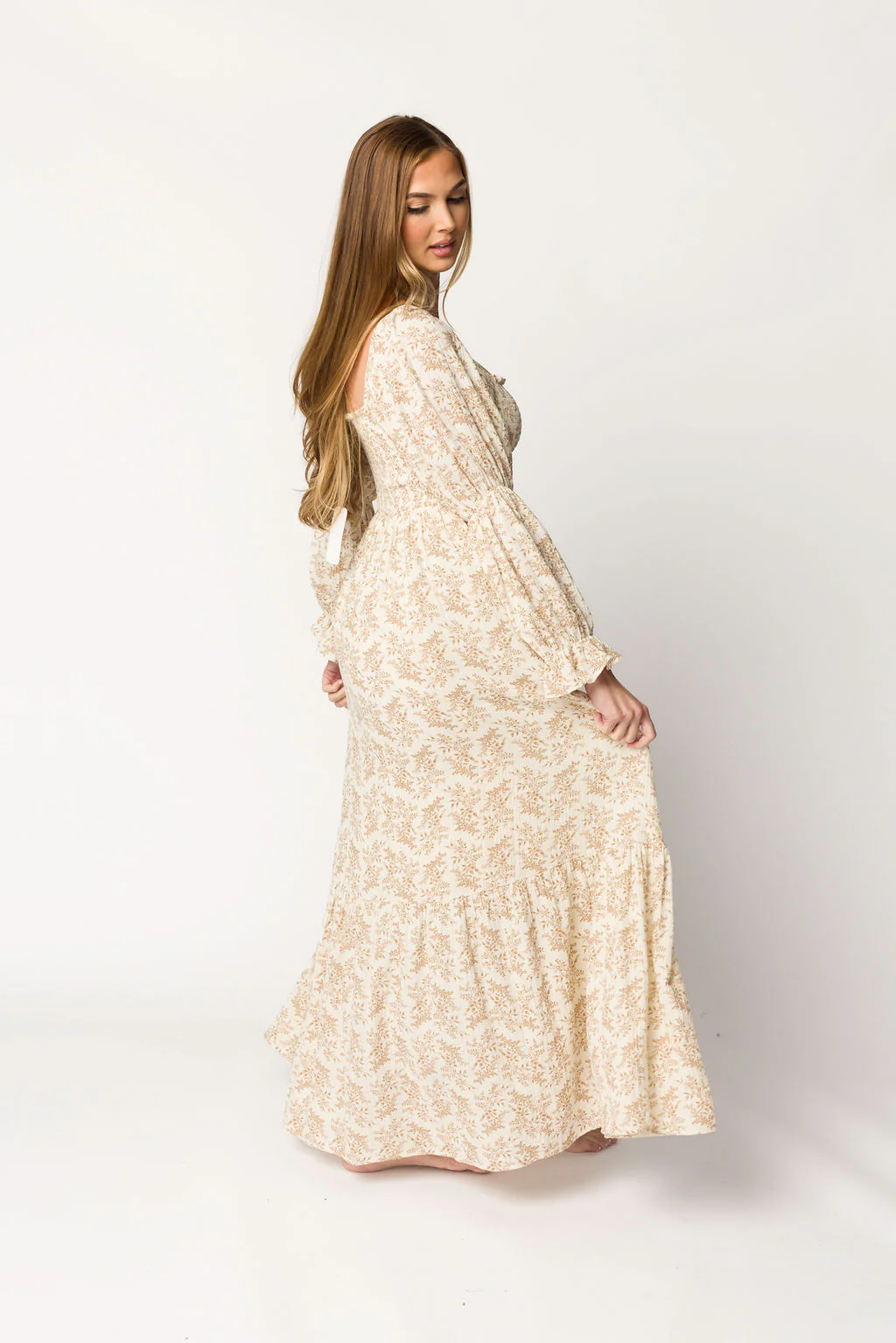 Emerson Gauze Maxi Dress in Natural/Tan Floral - Bump Friendly - Iieemm
