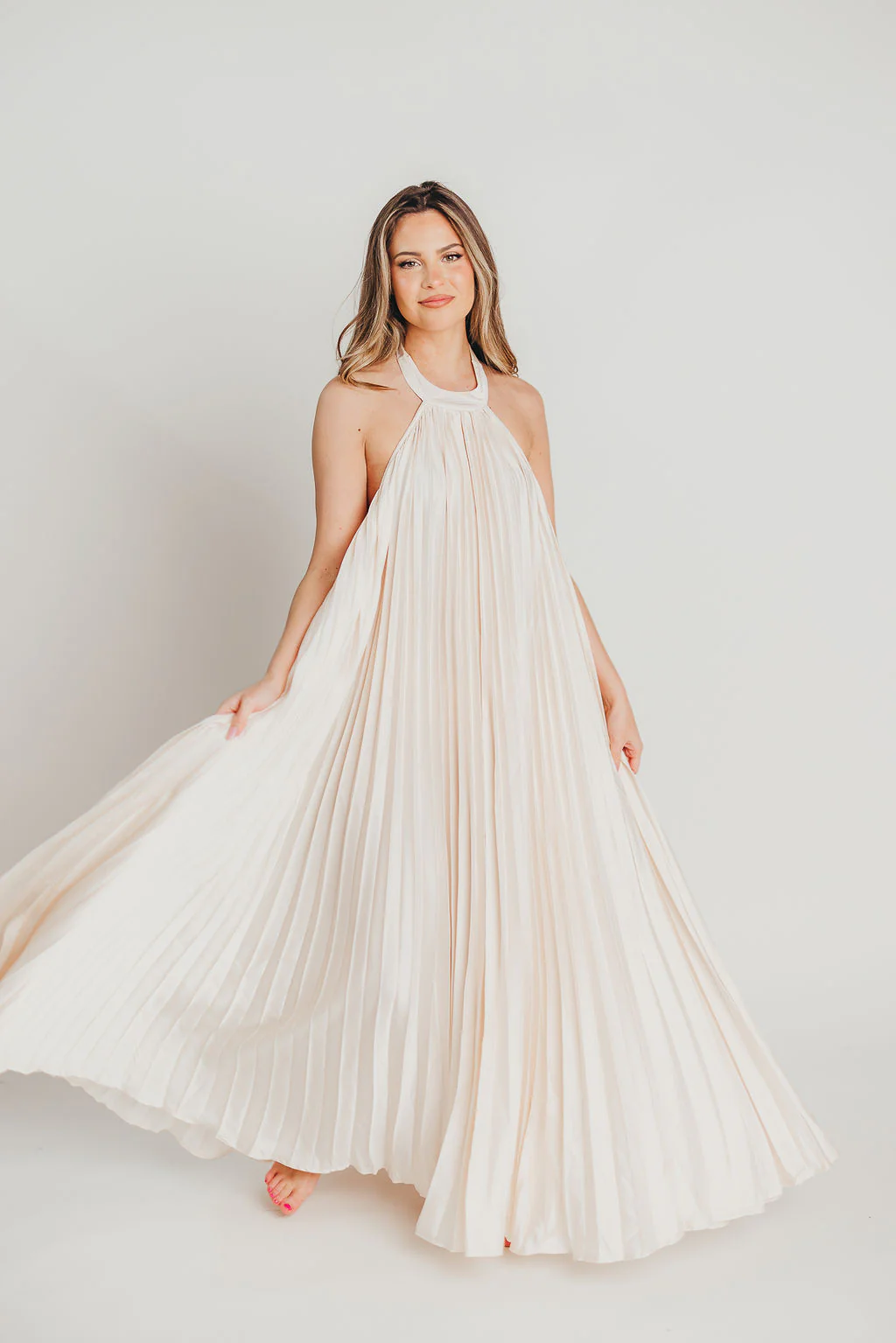 Maren Pleated Halter Maxi Dress in Cream - Bump Friendly - Iieemm