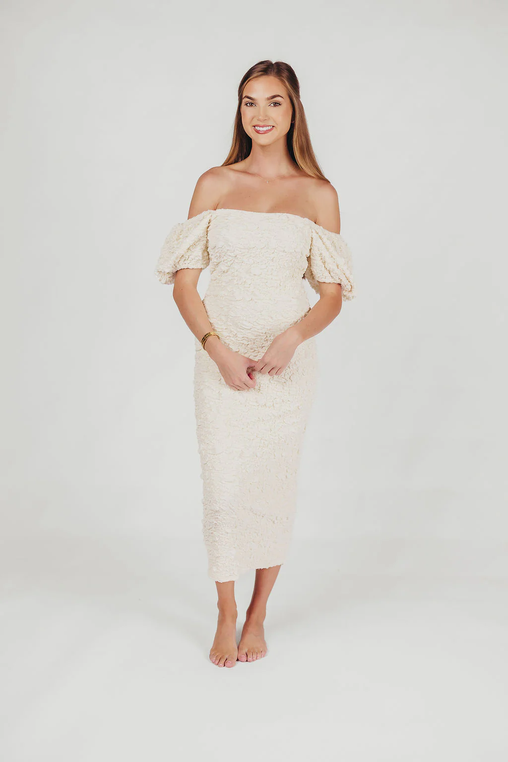 Blakeley Textured Midi Dress in Ivory - Bump Friendly & Inclusive Sizing (S-3XL) - Iieemm
