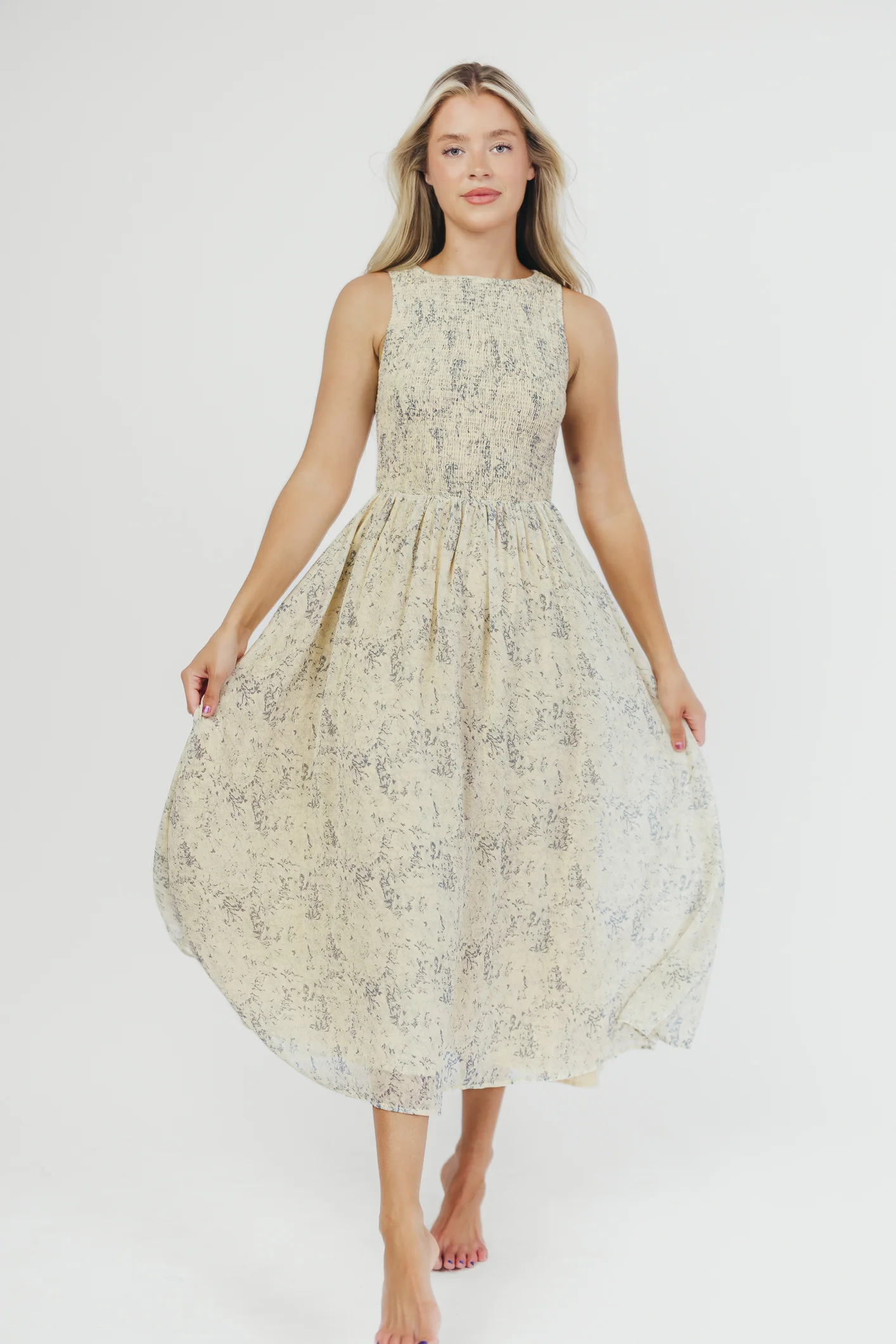 Alaina Floral Print Smocked Midi Dress in Blue Multi - Iieemm