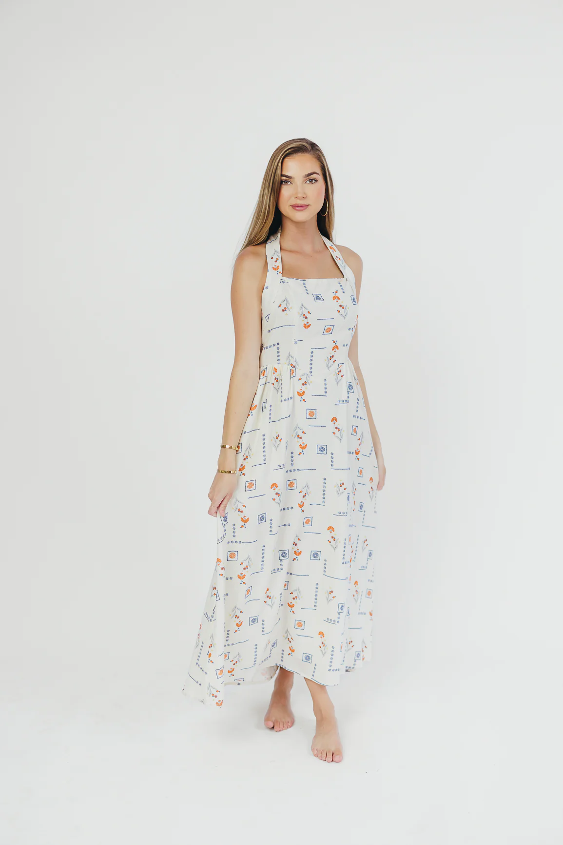Athens Halter Midi Dress in White/Blue/Orange - Iieemm