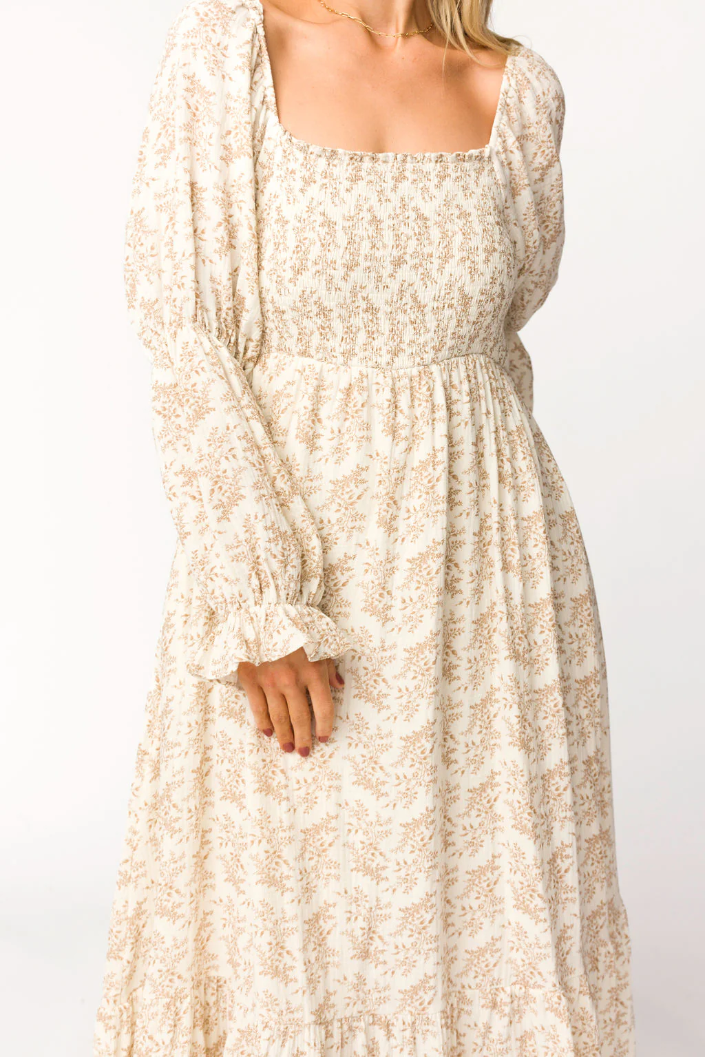 Emerson Gauze Maxi Dress in Natural/Tan Floral - Bump Friendly - Iieemm