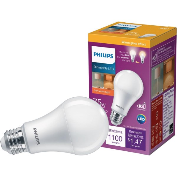 Philips Warm Glow 75W Equivalent Soft White A19 Medium Dimmable LED Light Bulb, Title 20 Compliant - Iieemm