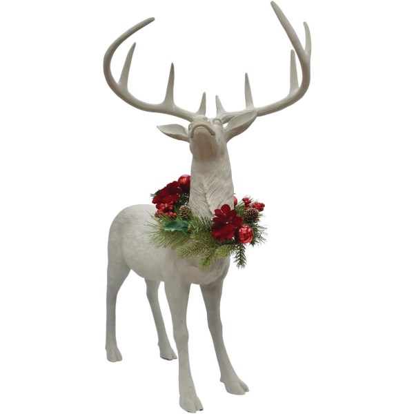 34 In. White Standing Deer with Removeable Floral Wreath - Iieemm