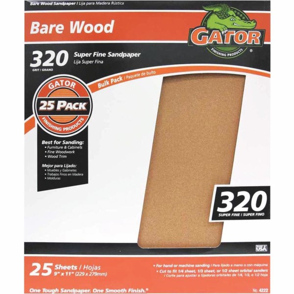 Gator Bare Wood 9 In. x 11 In. 320 Grit Extra Fine Sandpaper (25-Pack) - Iieemm
