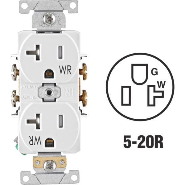 Leviton 20A White Tamper & Weather Resistant Commercial Grade 5-20R Duplex Outlet - Iieemm