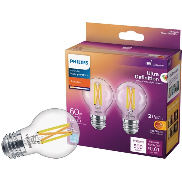 Philips Ultra Definition 60W Equivalent Soft White G16.5 Medium LED Decorative Light Bulb (2-Pack) - Iieemm