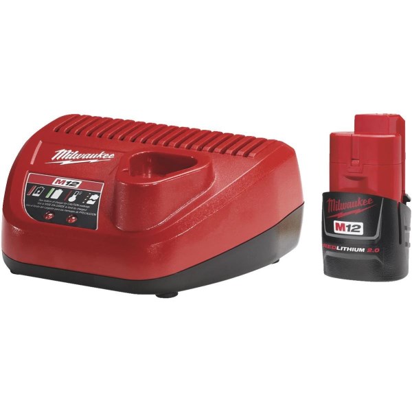 Milwaukee M12 REDLITHIUM 12 Volt Lithium-Ion 2.0 Ah Compact Tool Battery and Charger Starter Kit - Iieemm