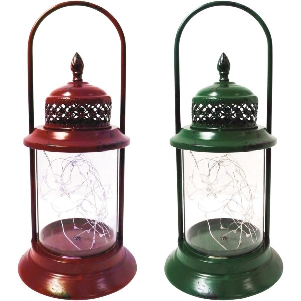 Alpine 6 In. W. x 15 In. H. x 6 In. L. Red or Green Antique Metal & Glass LED Lantern Holiday Decoration - Iieemm
