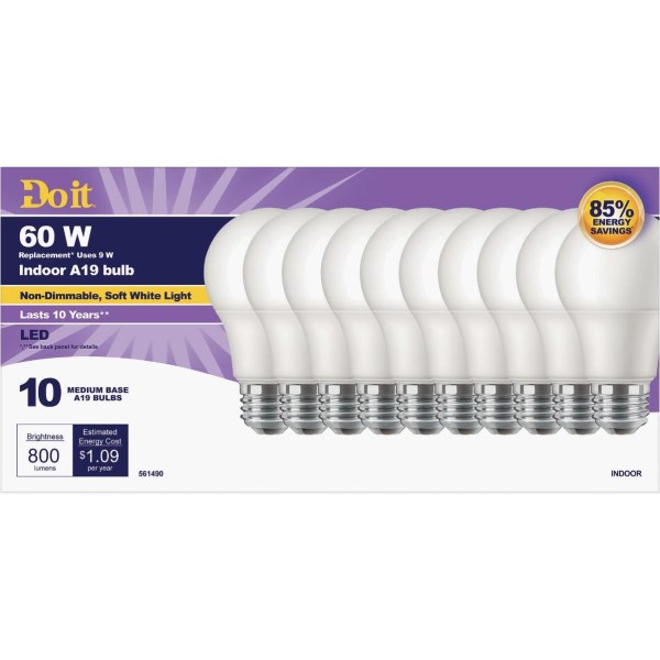 Do it 60W Equivalent Soft White A19 Medium LED Light Bulb (10-Pack) - Iieemm