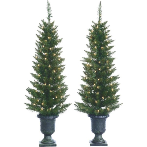 Gerson 4 Ft. Potted Cedar Pine 100-Bulb Clear Incandescent Prelit Artificial Christmas Tree (Set of 2) - Iieemm
