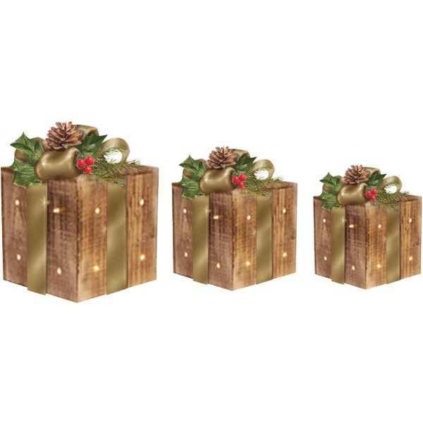 Alpine Warm White LED Rustic Wood with Gold Ribbon Christmas Gift Box Set (3-Piece) - Iieemm