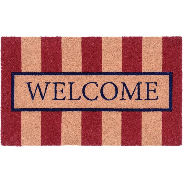 Natco Home 18 In. x 30 In. Coir Outdoor Doormat, Cheerful Red & White Welcome Stripes - Iieemm