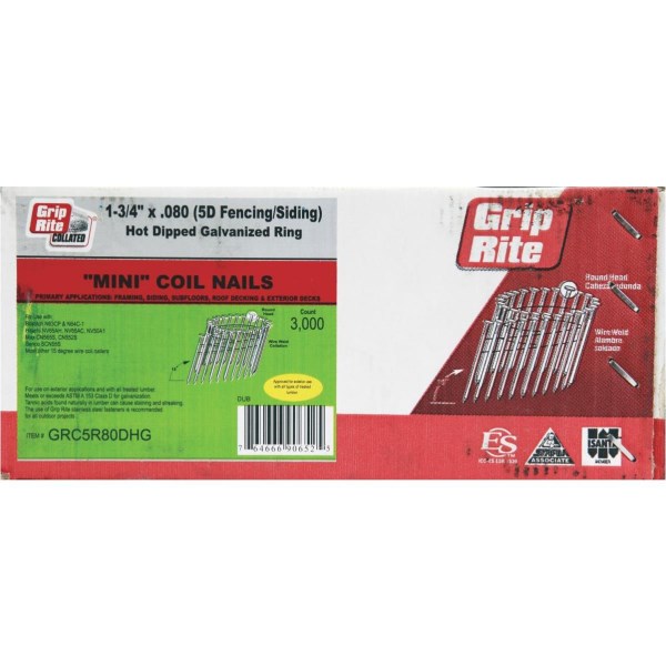 Grip-Rite 15 Degree Wire Weld Hot-Dipped Galvanized Coil Siding Nail, 1-3/4 In. x .080 In. (3000 Ct.) - Iieemm