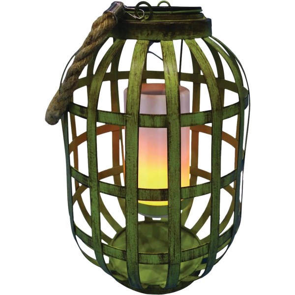 Alpine 7 In. W. x 18 In. H. x 7 In. L. Green Iron Flickering LED Solar Patio Lantern - Iieemm