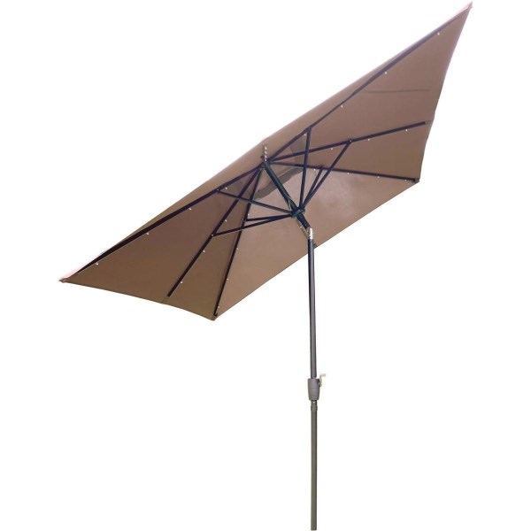 Outdoor Expressions 9 Ft. x 7 Ft. Rectangular Aluminum Tilt/Crank Brown Patio Umbrella with Solar LED Lights - Iieemm