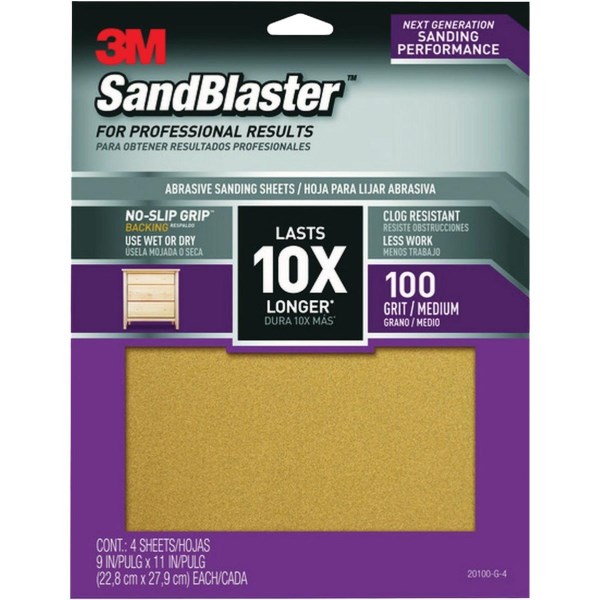 3M SandBlaster No Slip Grip Backing 11 In. x 9 In. 100 Grit Medium Sandpaper (4-Pack) - Iieemm