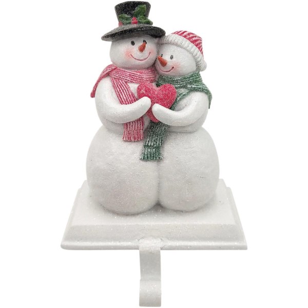 1-Stocking Resin Mantle Textured Snowman Couple Stocking Holder - Iieemm