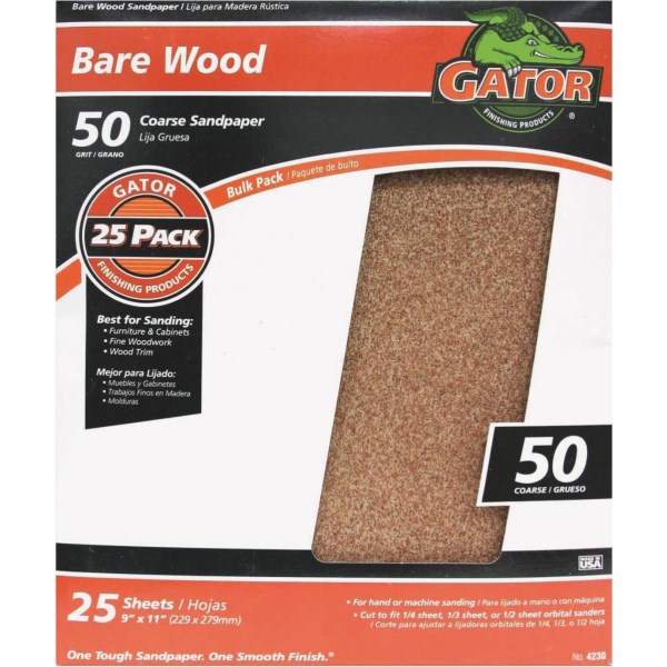 Gator Bare Wood 9 In. x 11 In. 50 Grit Coarse Sandpaper (25-Pack) - Iieemm