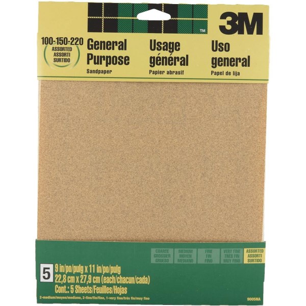 3M General Purpose 9 In. x 11 In. 220/150/100 Grit Assorted Grade Sandpaper (5-Pack) - Iieemm