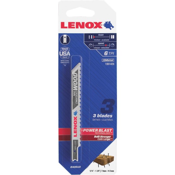 Lenox U-Shank 4-1/2 In. x 6 TPI Bi-Metal Jig Saw Blade, Nail-Embedded Wood (3-Pack) - Iieemm