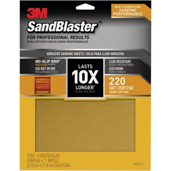 3M SandBlaster No Slip Grip Backing 11 In. x 9 In. 220 Grit Very Fine Sandpaper (4-Pack) - Iieemm