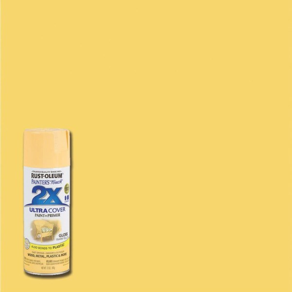 Rust-Oleum Painter’s Touch 2X Ultra Cover 12 Oz. Gloss Paint + Primer Spray Paint, Warm Yellow - Iieemm