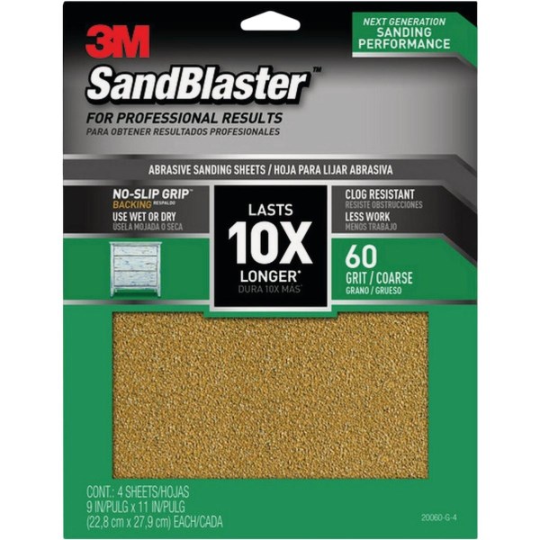 3M SandBlaster No Slip Grip Backing 11 In. x 9 In. 60 Grit Coarse Sandpaper (4-Pack) - Iieemm