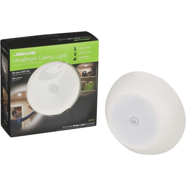 Mr. Beams UltraBright 300-Lumen White Motion Sensing/Dusk-To-Dawn Outdoor Battery Operated LED Ceiling Light Fixture - Iieemm