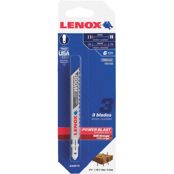 Lenox T-Shank 4 In. x 6 TPI Bi-Metal Jig Saw Blade, Nail Embedded Wood (3-Pack) - Iieemm